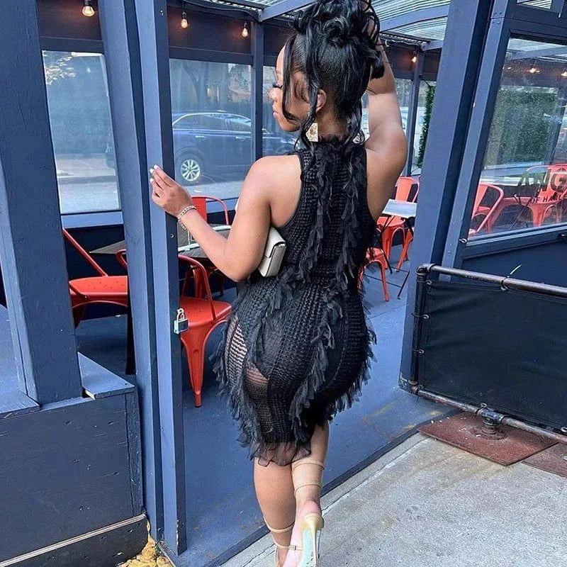 Bomblook C524DS01 2024 Summer Sexy Outfits Solid Ruffles Dress For Women Streetwear Mini Bodycon See Through Dresses