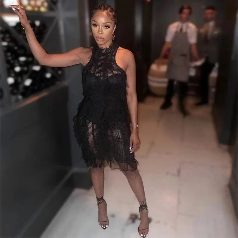 Bomblook C524DS01 2024 Summer Sexy Outfits Solid Ruffles Dress For Women Streetwear Mini Bodycon See Through Dresses