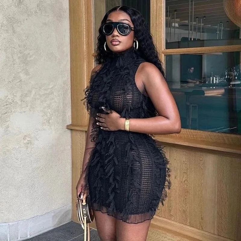 Bomblook C524DS01 2024 Summer Sexy Outfits Solid Ruffles Dress For Women Streetwear Mini Bodycon See Through Dresses