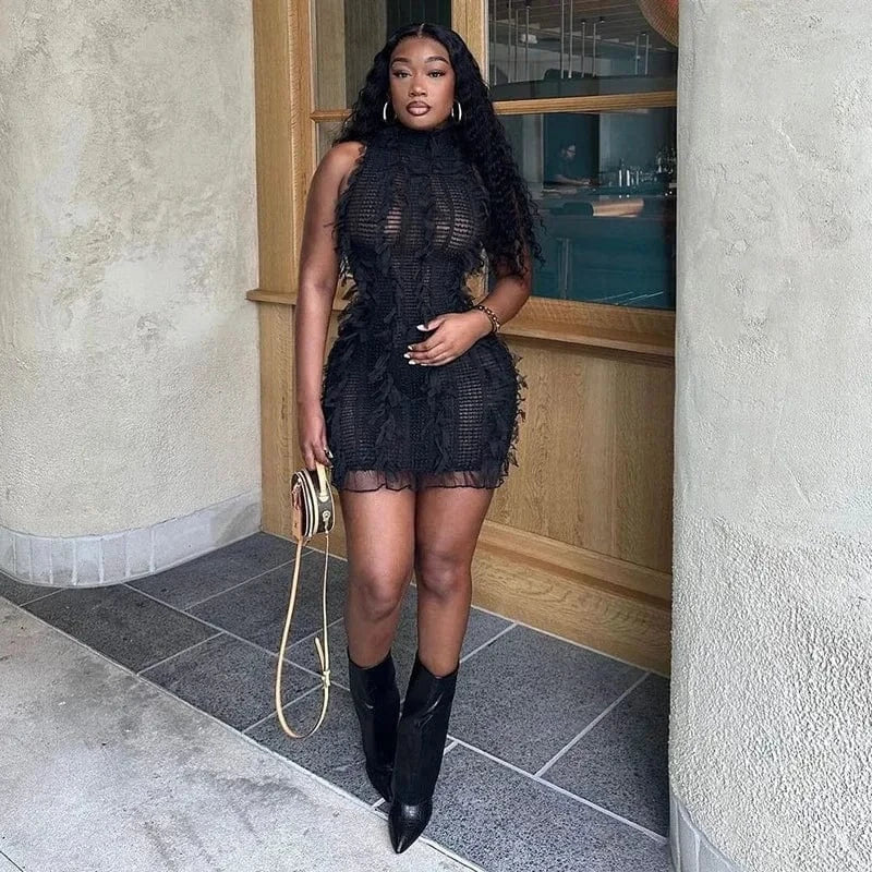 Bomblook C524DS01 2024 Summer Sexy Outfits Solid Ruffles Dress For Women Streetwear Mini Bodycon See Through Dresses