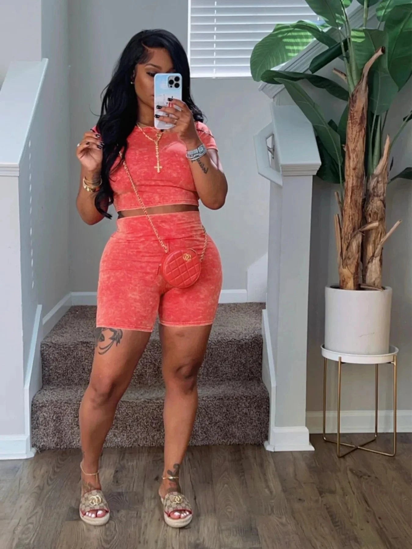 Bomblook C528ST02 Fashion Washed Workout Bodycon 2 Piece Short Set Women Summer Casual Wear Loungewear Vintage Tweed Set