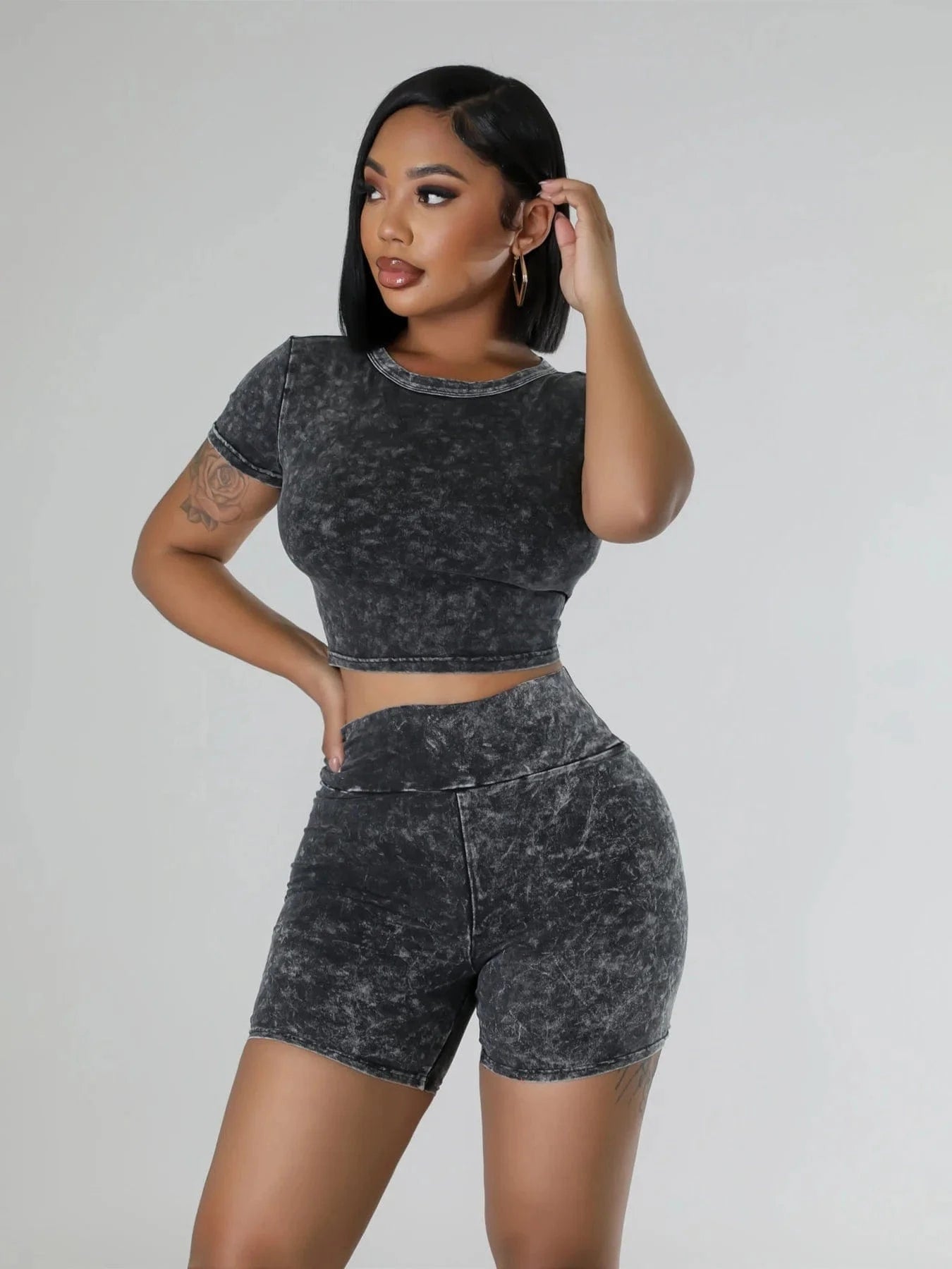 Bomblook C528ST02 Fashion Washed Workout Bodycon 2 Piece Short Set Women Summer Casual Wear Loungewear Vintage Tweed Set