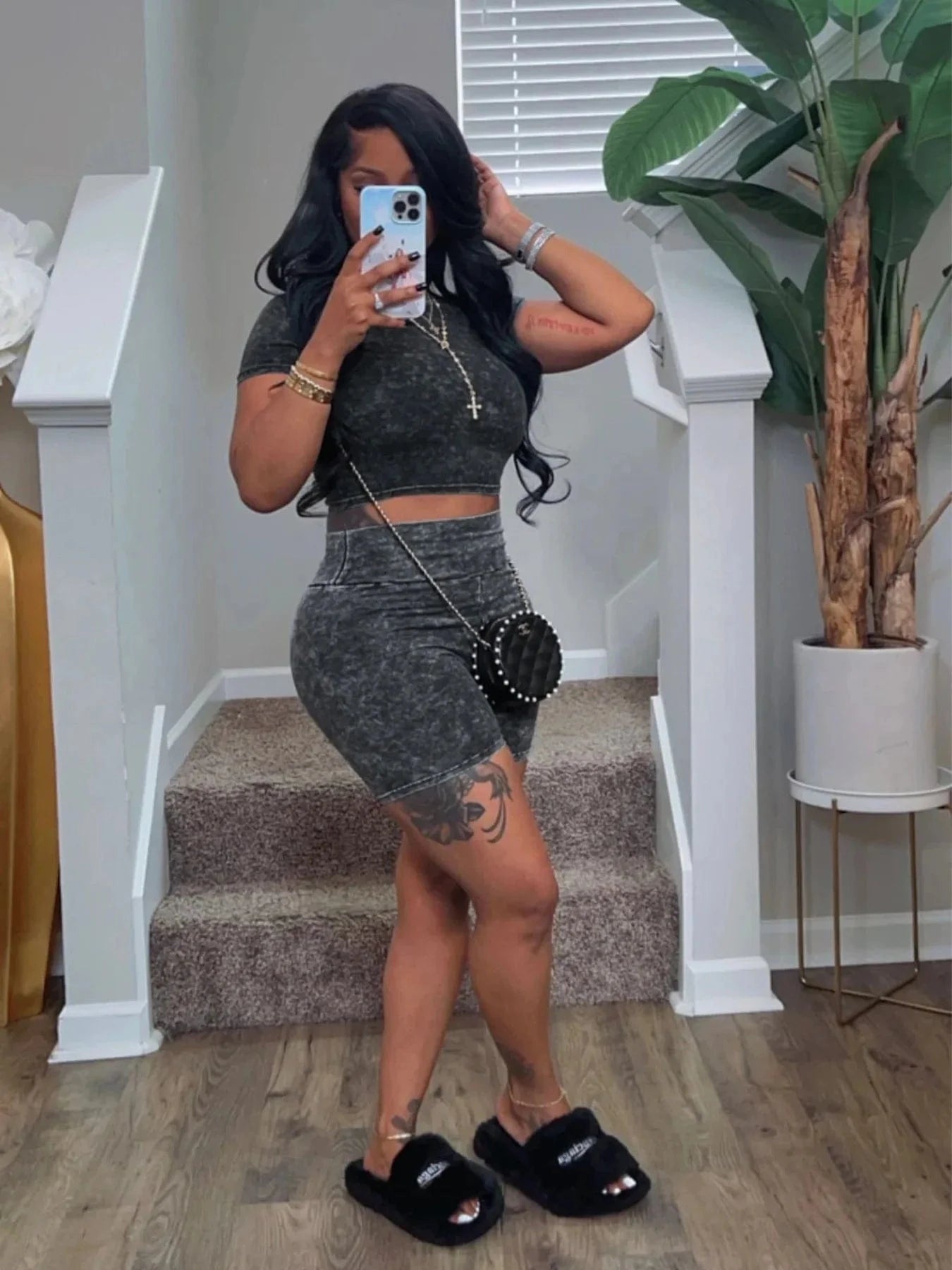 Bomblook C528ST02 Fashion Washed Workout Bodycon 2 Piece Short Set Women Summer Casual Wear Loungewear Vintage Tweed Set