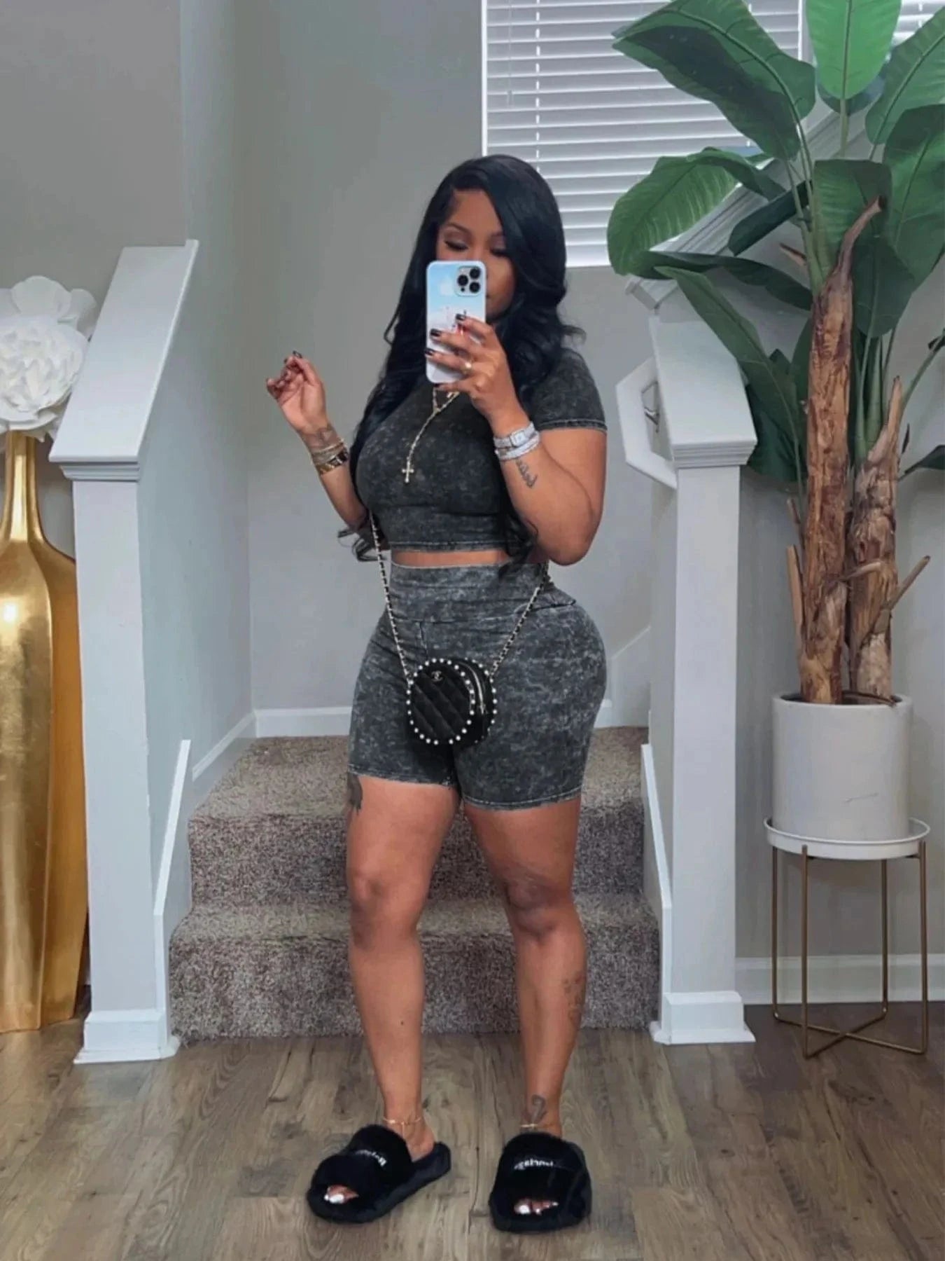Bomblook C528ST02 Fashion Washed Workout Bodycon 2 Piece Short Set Women Summer Casual Wear Loungewear Vintage Tweed Set