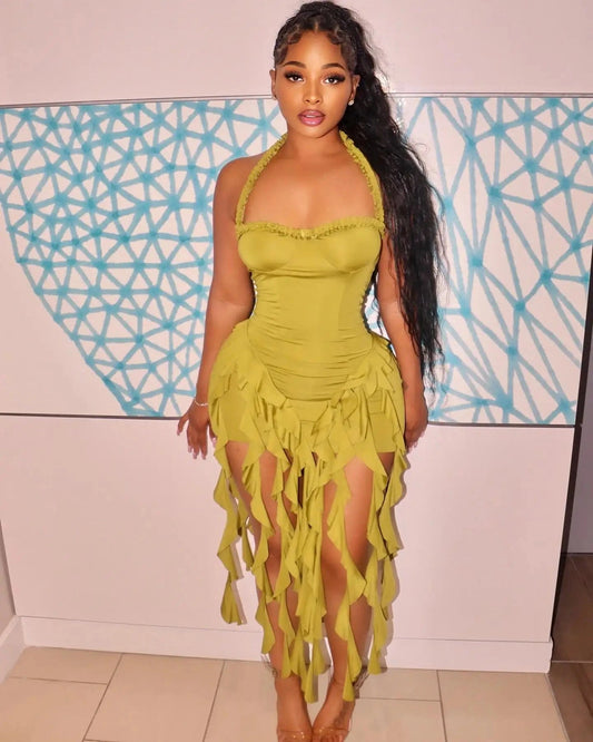 Bomblook C531DS Summer New Arrivals Womens Ruffle Dresses Mini Solid Color Sexy Ladies Fashion Dress With Tassels