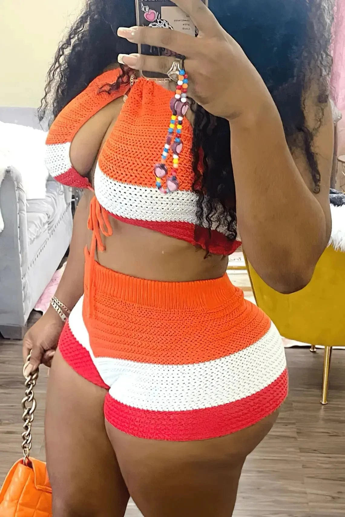 Bomblook C611ST Patchwork Women's Sets Sexy Lace Up Tank Top With Shorts Print 2 Piece Set Women Summer Streetwear