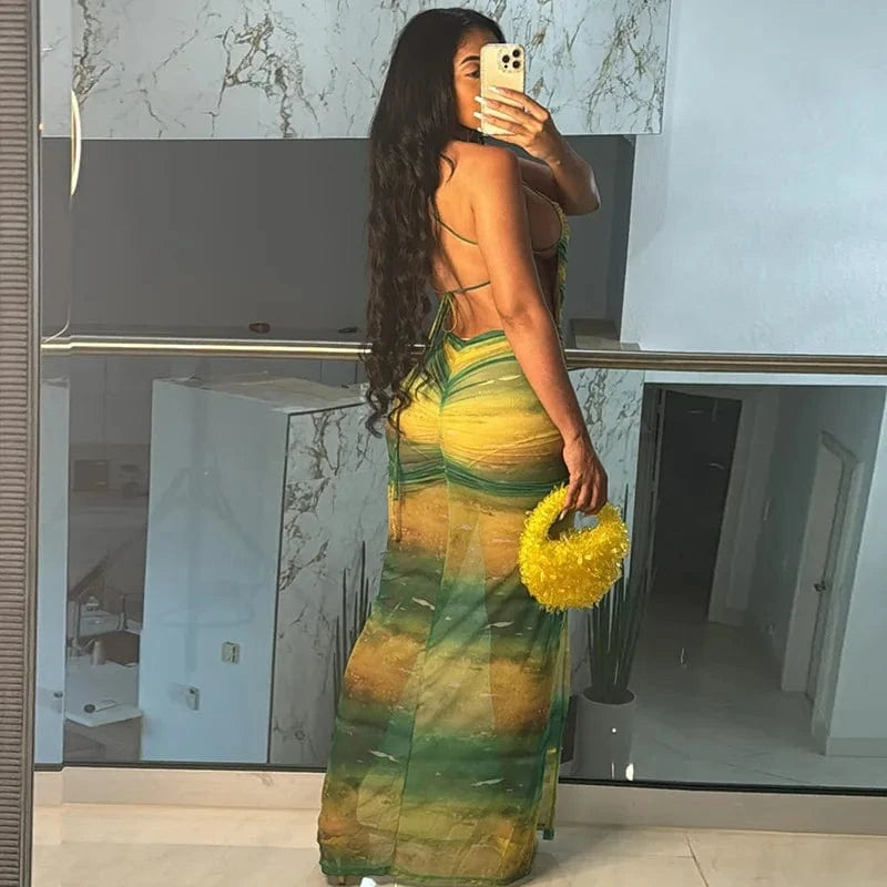 Bomblook C618DS02 2024 Summer Patchwork Elegant Outfits Draped Maxi Dress For Women Maxi Slit Bodycon Crisscross Dresses