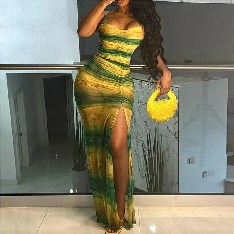 Bomblook C618DS02 2024 Summer Patchwork Elegant Outfits Draped Maxi Dress For Women Maxi Slit Bodycon Crisscross Dresses