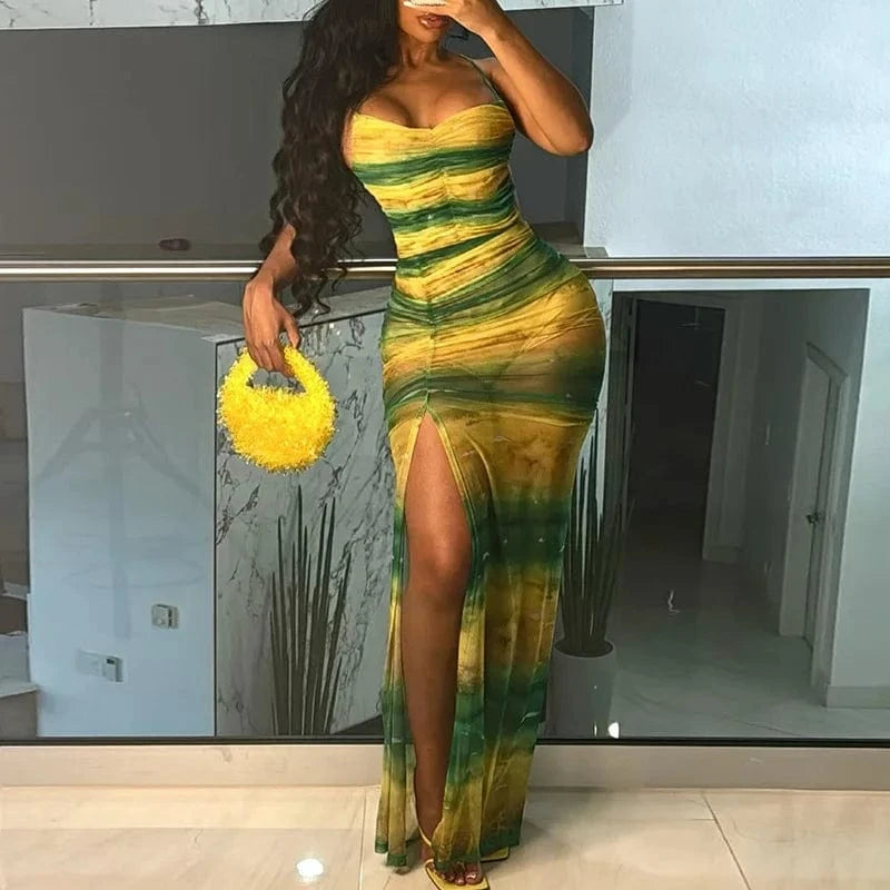 Bomblook C618DS02 2024 Summer Patchwork Elegant Outfits Draped Maxi Dress For Women Maxi Slit Bodycon Crisscross Dresses