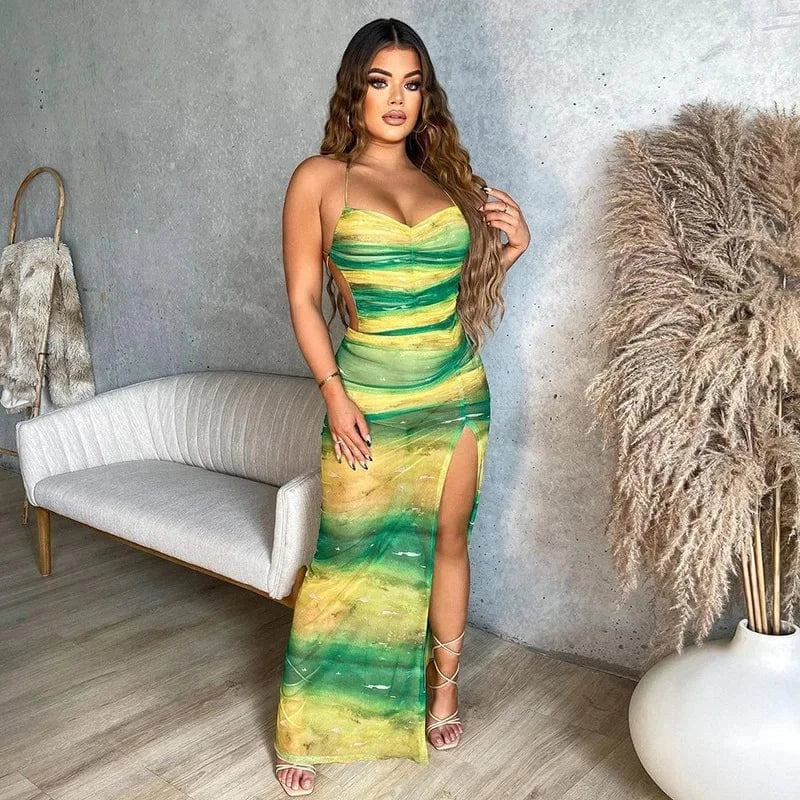 Bomblook C618DS02 2024 Summer Patchwork Elegant Outfits Draped Maxi Dress For Women Maxi Slit Bodycon Crisscross Dresses