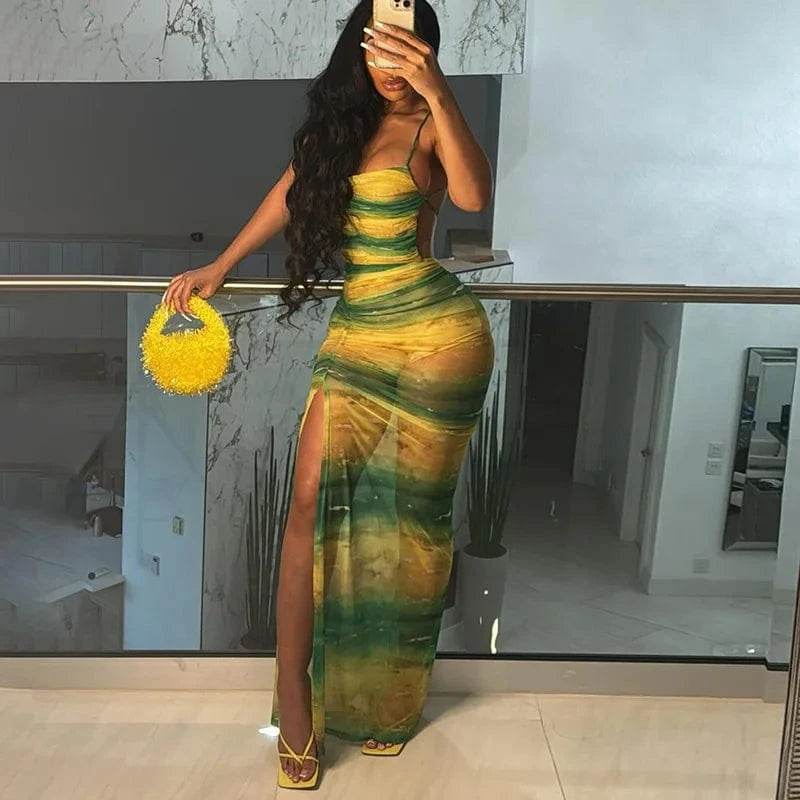 Bomblook C618DS02 2024 Summer Patchwork Elegant Outfits Draped Maxi Dress For Women Maxi Slit Bodycon Crisscross Dresses