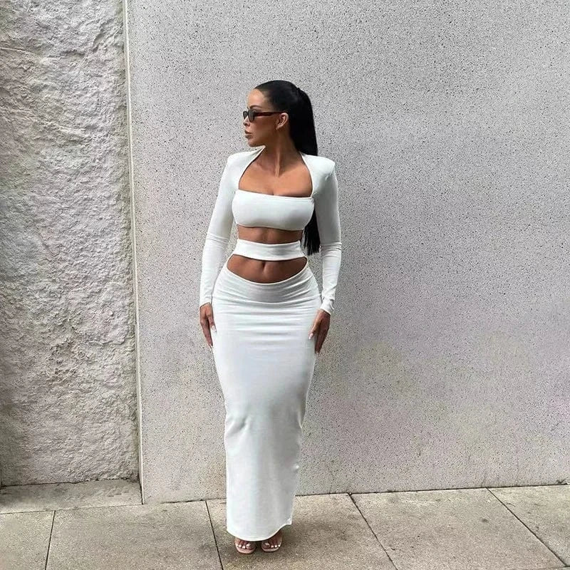 Bomblook C822ST 2024 Square Collar Crop Top Women Solid Clothing Women Midi Skirt Sets 2 Piece Skirt Set Women
