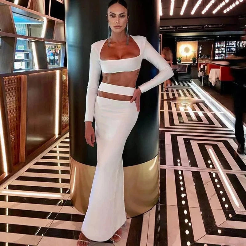 Bomblook C822ST 2024 Square Collar Crop Top Women Solid Clothing Women Midi Skirt Sets 2 Piece Skirt Set Women