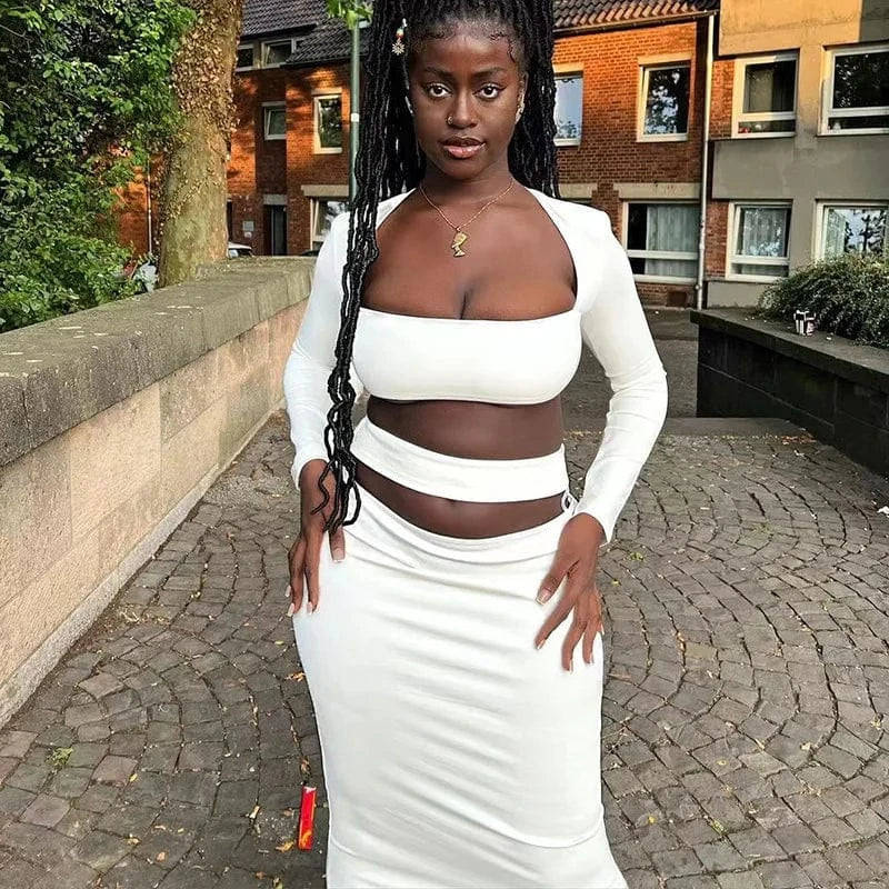 Bomblook C822ST 2024 Square Collar Crop Top Women Solid Clothing Women Midi Skirt Sets 2 Piece Skirt Set Women