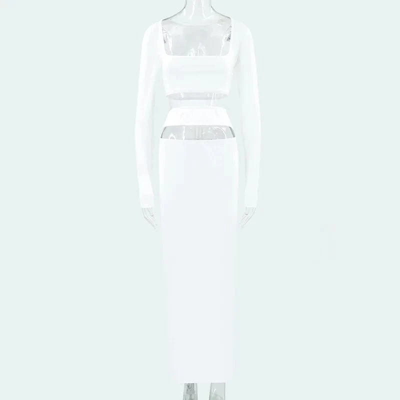 Bomblook C822ST 2024 Square Collar Crop Top Women Solid Clothing Women Midi Skirt Sets 2 Piece Skirt Set Women