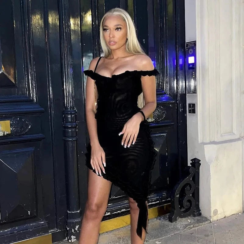 Bomblook C909DS03 Sexy Streetwear Sleeveless Mesh Cami Outfits Solid Color Mini Irregular Ruffle Dresses Women Fashion