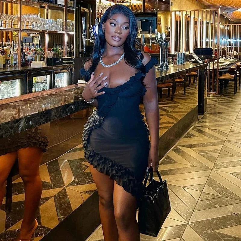 Bomblook C909DS03 Sexy Streetwear Sleeveless Mesh Cami Outfits Solid Color Mini Irregular Ruffle Dresses Women Fashion