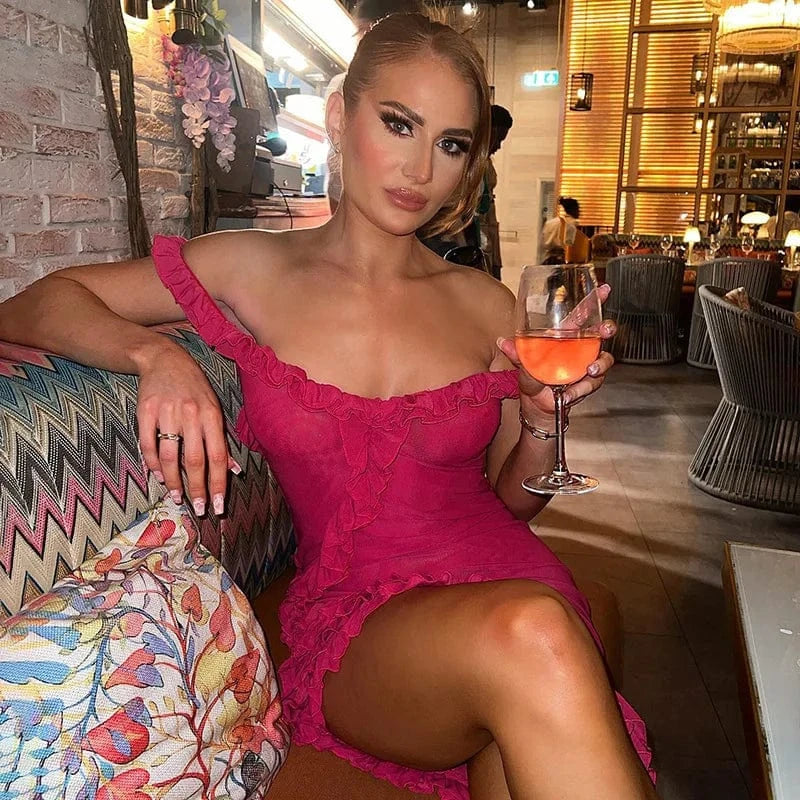 Bomblook C909DS03 Sexy Streetwear Sleeveless Mesh Cami Outfits Solid Color Mini Irregular Ruffle Dresses Women Fashion