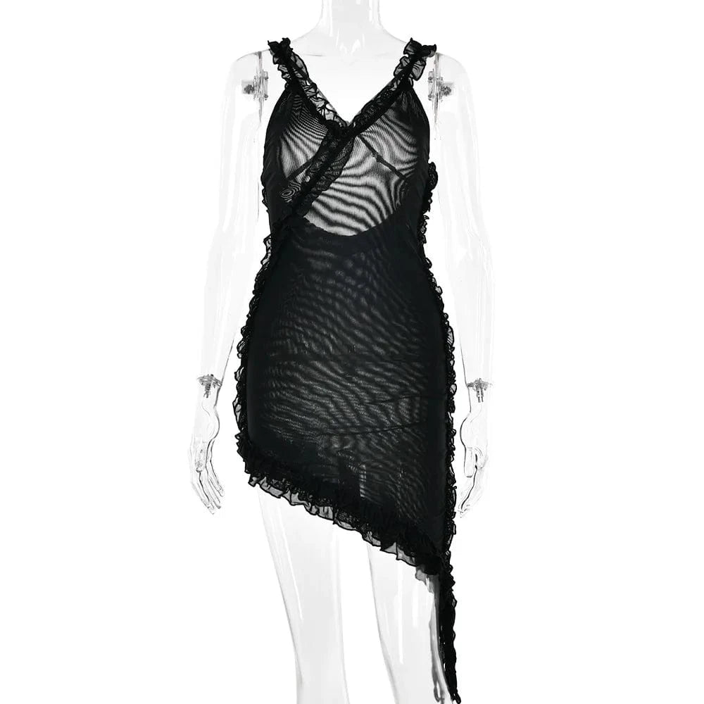 Bomblook C909DS03 Sexy Streetwear Sleeveless Mesh Cami Outfits Solid Color Mini Irregular Ruffle Dresses Women Fashion