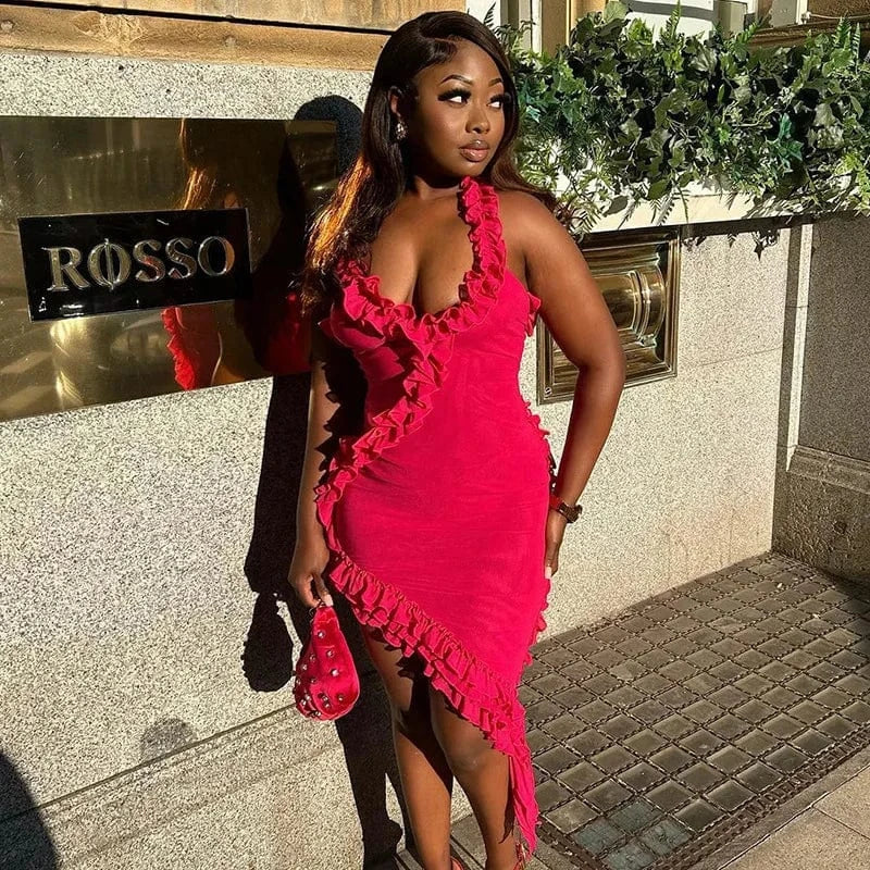 Bomblook C909DS03 Sexy Streetwear Sleeveless Mesh Cami Outfits Solid Color Mini Irregular Ruffle Dresses Women Fashion