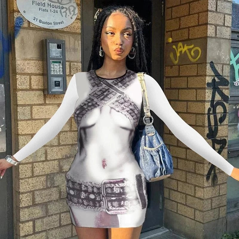 Bomblook D23DS136 2024 Fall Elegant Mini Dresses Winter Outfits Bodycon Graphin Print Dresses Women