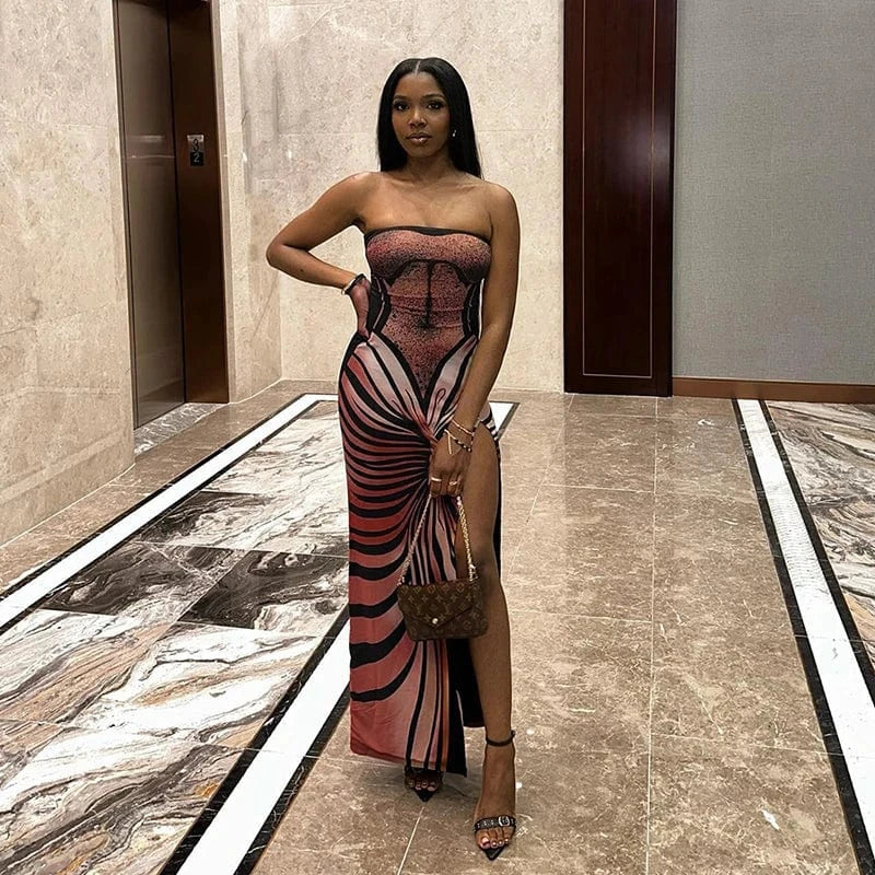 Bomblook D23DS281 2024 Elegant Slim Strapless Outfits Club Evening Dresses Graphic Print Sleeveless Women's Slit Maxi Dress