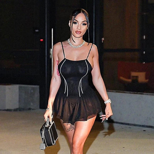 Bomblook D23DS333 Mini Patchwork Sexy Dress Bodycon Womens Outfits Backless Mesh Dresses 2024 Spring Mini Cami Dress