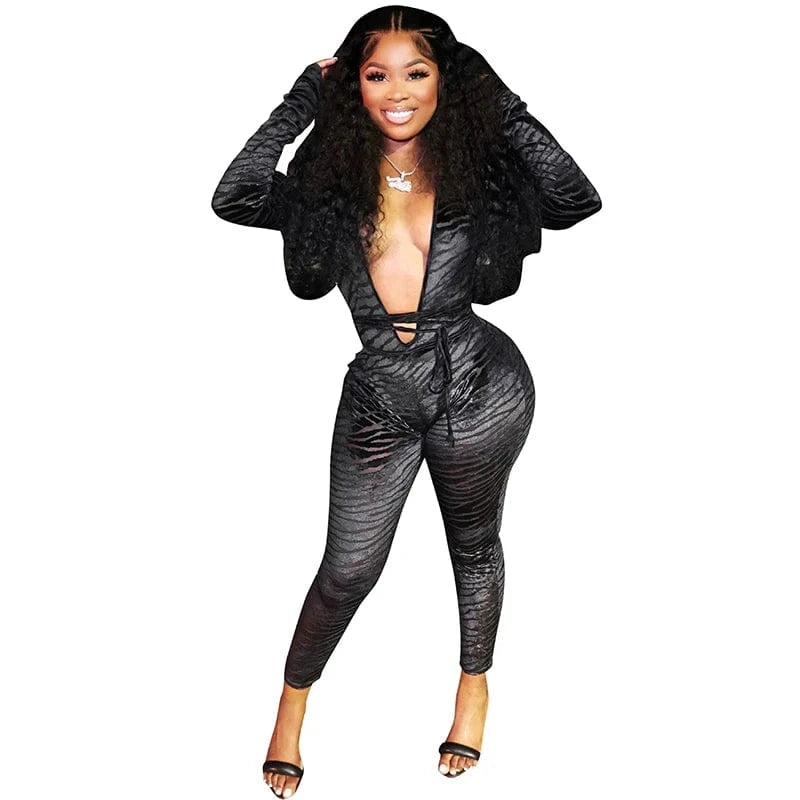 Bomblook D23JP196 Flocked Patchwork Off Shoulder Women Jumpsuit Women Deep V Neck Jumpsuit 2024