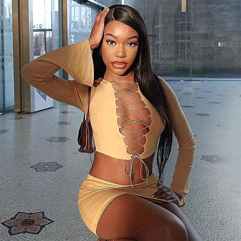Bomblook D23ST160 Fall Mesh Sleeve 2 Piece Set Women Mini Skirt And Top Set For Women Lace Up Outfits Set For Women