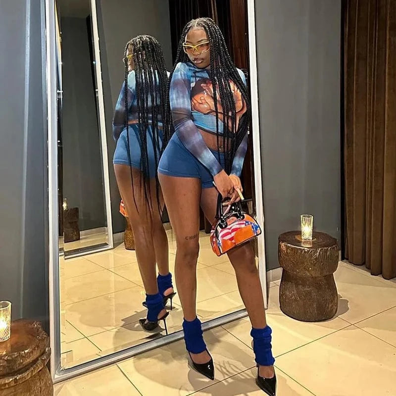 Bomblook D23TP372 2024 Spring Mesh O Neck Kiss Pattern Tees Y2K Printed Crop Top Women Streetwear Ladies Casual Vintage Top