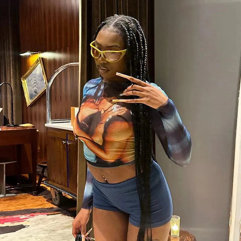 Bomblook D23TP372 2024 Spring Mesh O Neck Kiss Pattern Tees Y2K Printed Crop Top Women Streetwear Ladies Casual Vintage Top