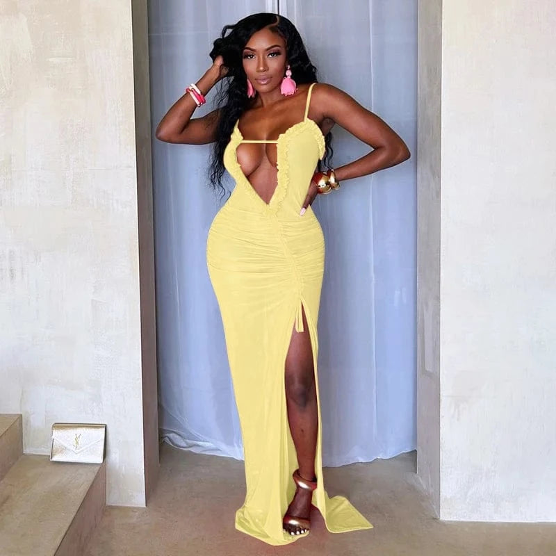 Bomblook D24DS221 Mesh See Through Evening Wear Ruched Maxi Dress Bodycon Summer Sexy Party Slit Cami Dresses For Women 2024