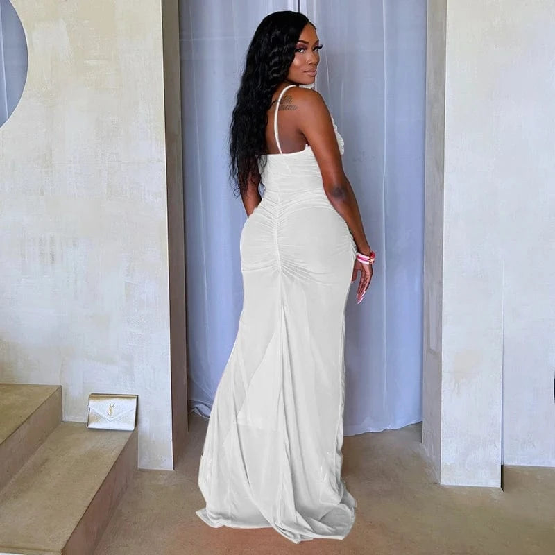 Bomblook D24DS221 Mesh See Through Evening Wear Ruched Maxi Dress Bodycon Summer Sexy Party Slit Cami Dresses For Women 2024