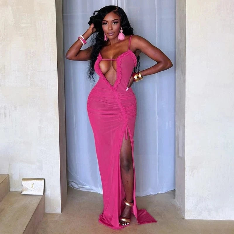 Bomblook D24DS221 Mesh See Through Evening Wear Ruched Maxi Dress Bodycon Summer Sexy Party Slit Cami Dresses For Women 2024