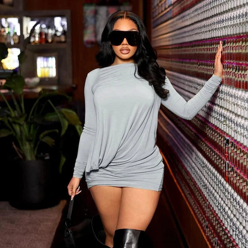 Bomblook K23DS592 Solid Casual Outfits 2024 Women Dresses Bodycon Dress Ruched Ladies Mini Elegant Dress