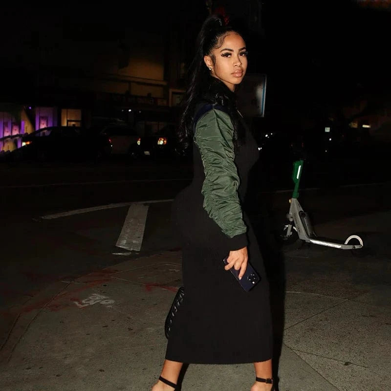 Bomblook K23DS600 2024 Spring Ruched Woven Sleeves Slim Dresses Streetwear Dress Midi Rib Knit New Patchwork Dress