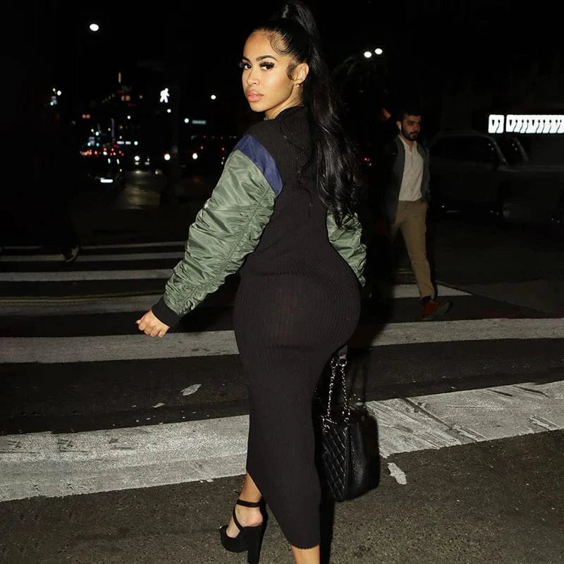 Bomblook K23DS600 2024 Spring Ruched Woven Sleeves Slim Dresses Streetwear Dress Midi Rib Knit New Patchwork Dress