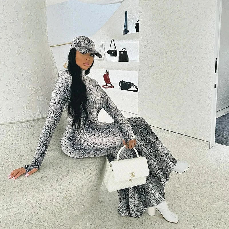 Bomblook K23DS617 2024 Spring Unique Print Outfits Dress For Women New Fashion Bodycon Snake Print Maxi Dress With New Dresses