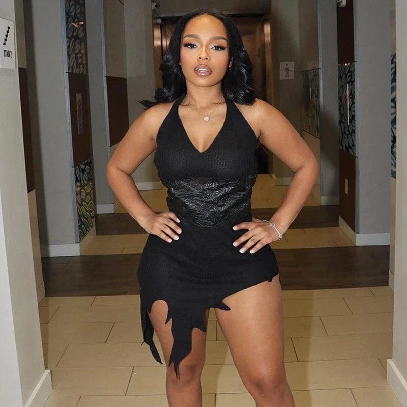 Bomblook K23DS635 2024 Spring Sexy Outfits Halter Dress For Women PU Leather Mini Bodycon Dress Irregular Dresses