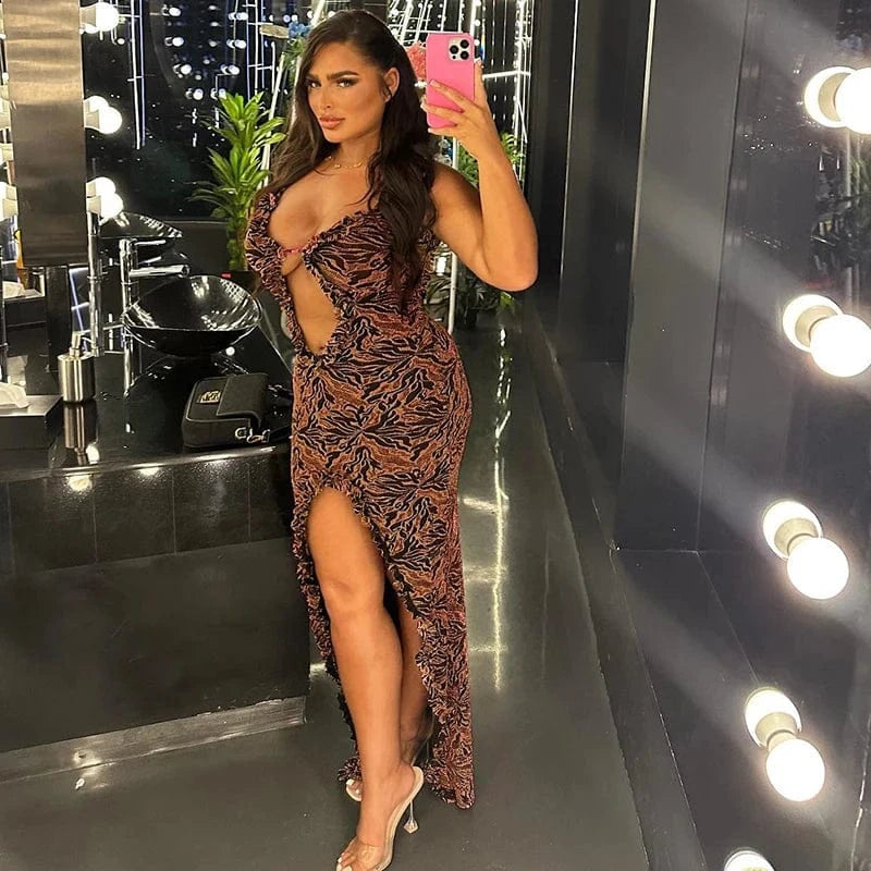 Bomblook K23DS659 2024 Spring Sleeveless Slim Holiday Dress Club Dress Hollow Out Halter Maxi Patchwork Ruffle Dress