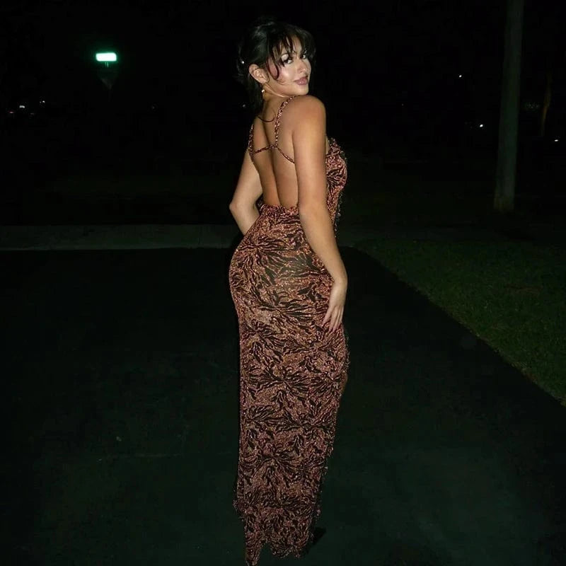 Bomblook K23DS659 2024 Spring Sleeveless Slim Holiday Dress Club Dress Hollow Out Halter Maxi Patchwork Ruffle Dress