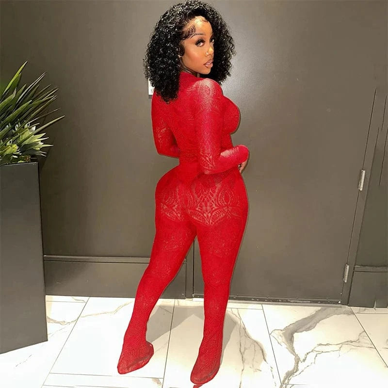 Bomblook K23ST370 Autumn Sexy Bodysuit Two Piece Flare Pants Set Sets For Women Two Pieces Lace Sweat Suits