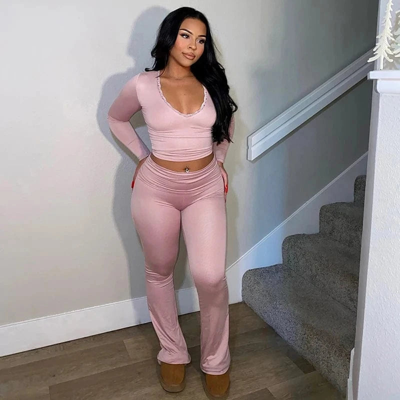 Bomblook K23ST589 2024 Tweed Set Solid Outfits Elegant Loungewear V Neck Crop Top Trending Women Clothing Two Piece Pants Set