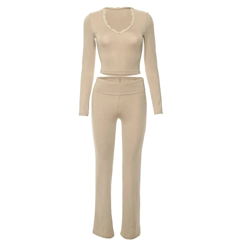 Bomblook K23ST589 2024 Tweed Set Solid Outfits Elegant Loungewear V Neck Crop Top Trending Women Clothing Two Piece Pants Set