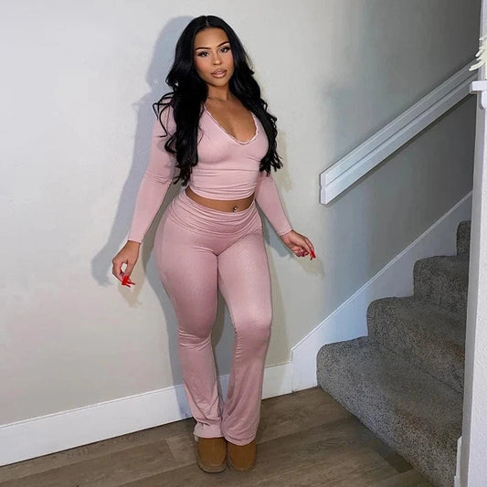 Bomblook K23ST589 2024 Tweed Set Solid Outfits Elegant Loungewear V Neck Crop Top Trending Women Clothing Two Piece Pants Set