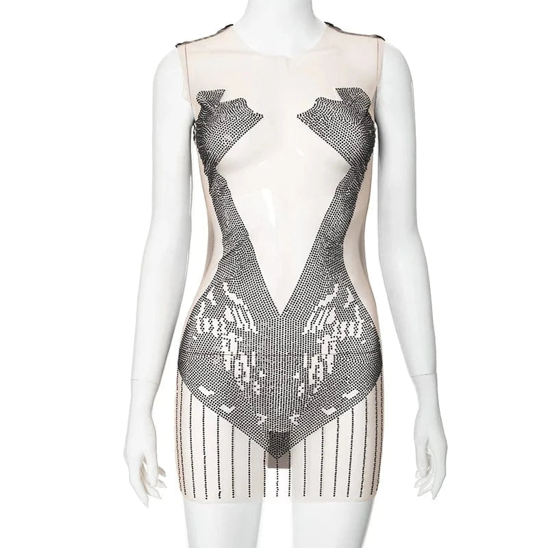 Bomblook K24DS010 Summer New Outfits Ladies Evening Women's Sleeveless Rhinestone Dresses Sexy Mini See Through Party Dress 2024