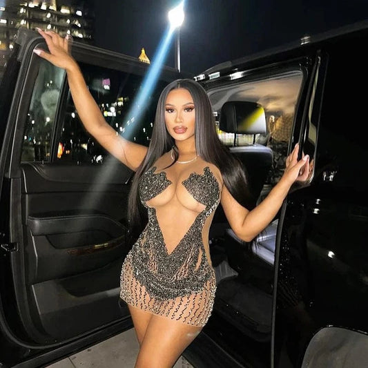 Bomblook K24DS010 Summer New Outfits Ladies Evening Women's Sleeveless Rhinestone Dresses Sexy Mini See Through Party Dress 2024