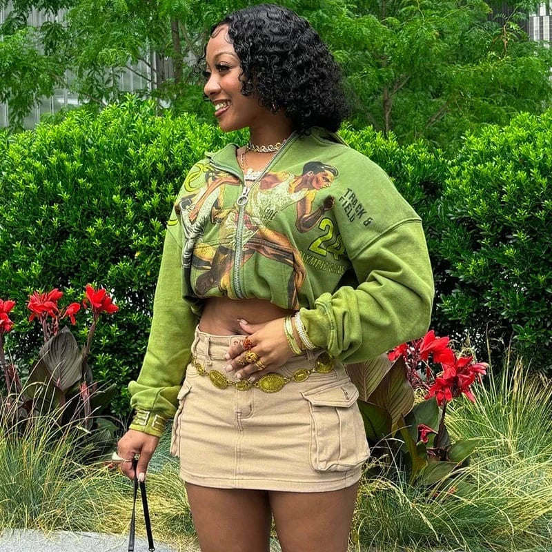 Bomblook K24TP334 New Autumn Print Fashion Coats For Women Graphic Long Sleeve Hooded Zipper Cardigans Casual Jackets for Women