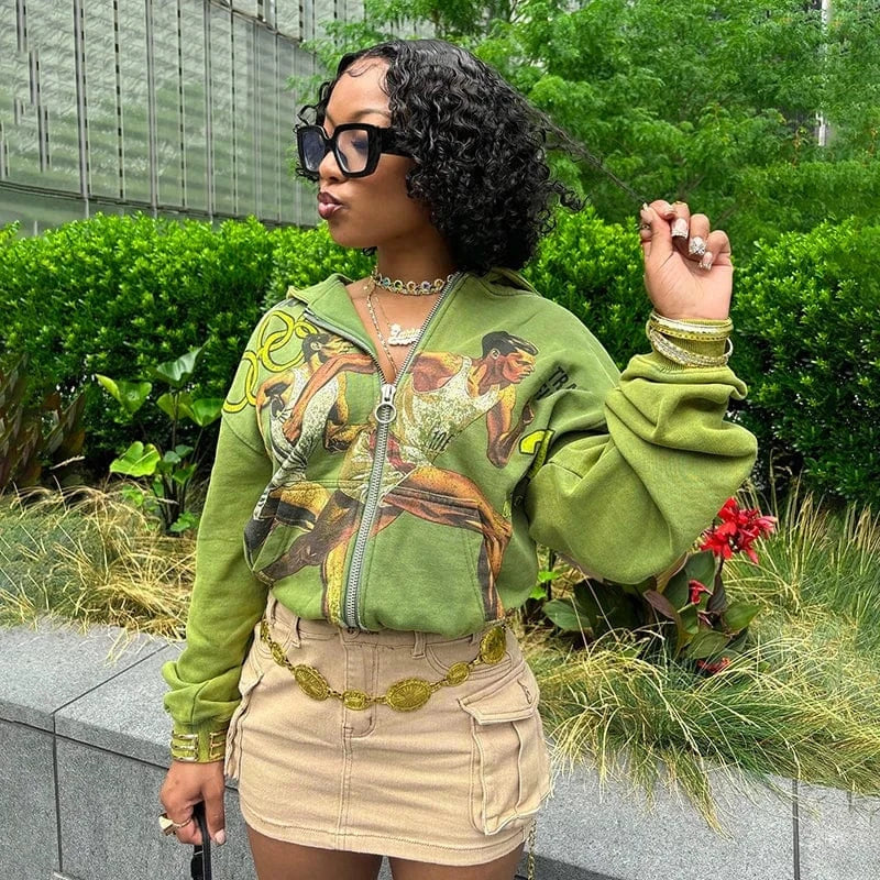 Bomblook K24TP334 New Autumn Print Fashion Coats For Women Graphic Long Sleeve Hooded Zipper Cardigans Casual Jackets for Women