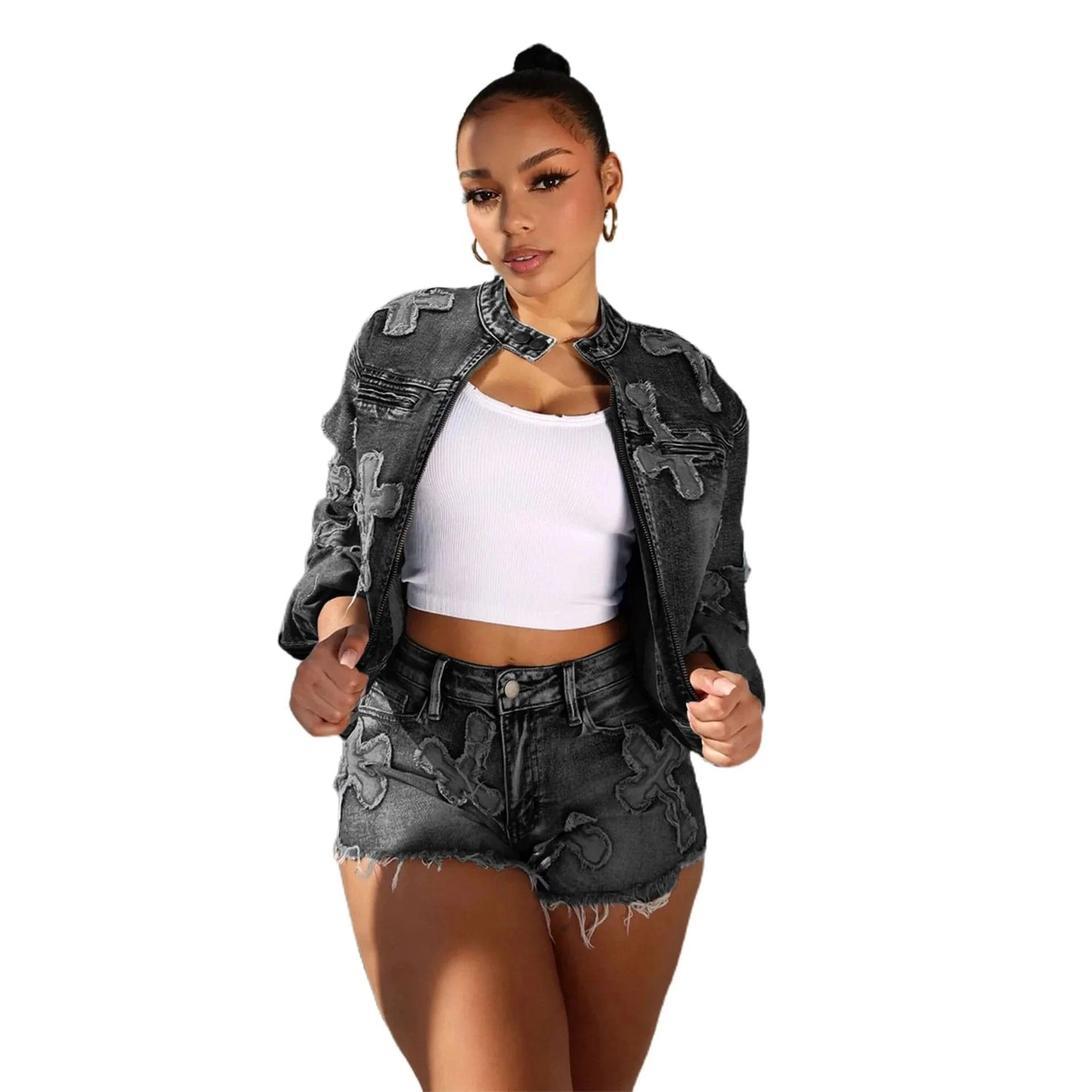 Bomblook L227ST Embroidery Crisscross Outfits Stretchy Jacket Wish Shorts Suit Women Streetwear Suit Women Two Piece Set 2024